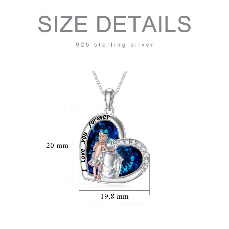 Collar con colgante de cristal de corazón de padre e hija en forma de corazón de dos tonos de plata de ley con palabra grabada-4