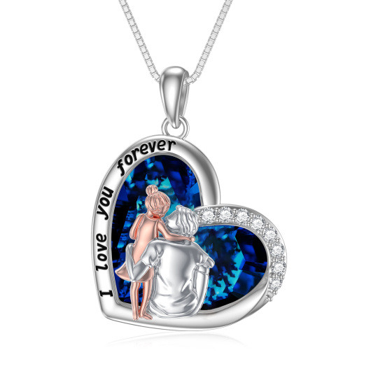 Sterling Silver Two-tone Heart Shaped Father & Daughter & Heart Crystal Pendant Necklace with Engraved Word