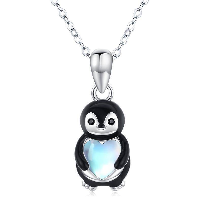 Plata de ley de dos tonos en forma de corazón Moonstone Pingüino Collar Colgante-1