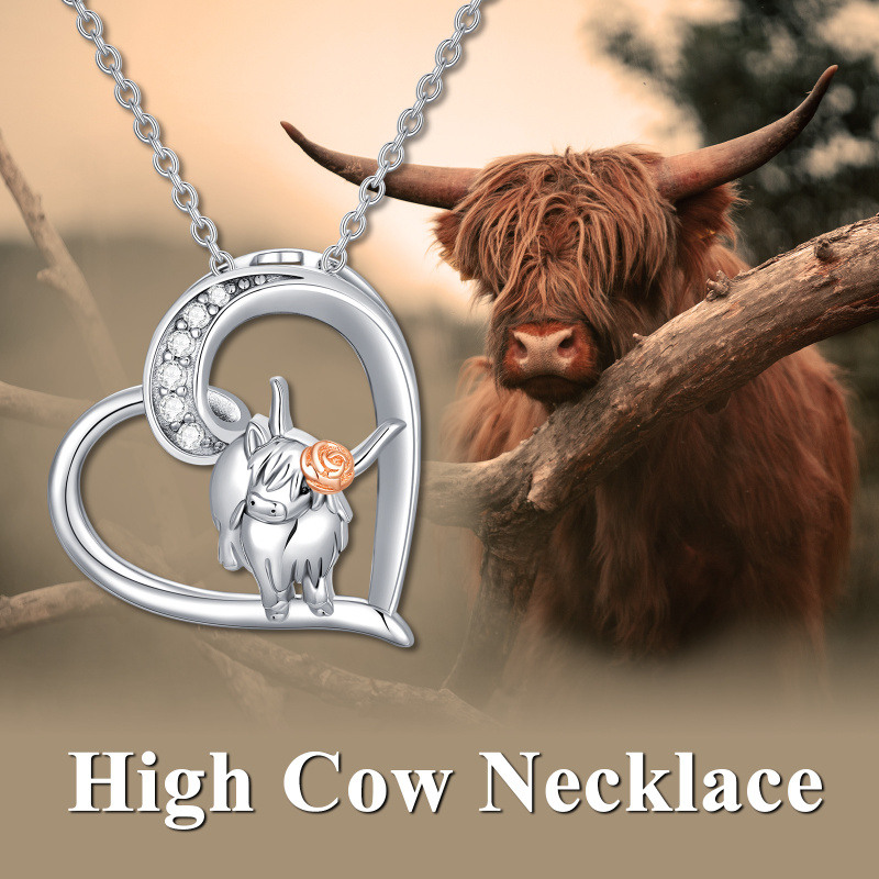 Colar com pingente de coração de vaca Highland de dois tons em prata esterlina-3