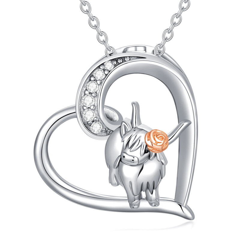 Zweifarbige Halskette mit Herzanhänger aus Sterlingsilber mit Hochlandrind-16