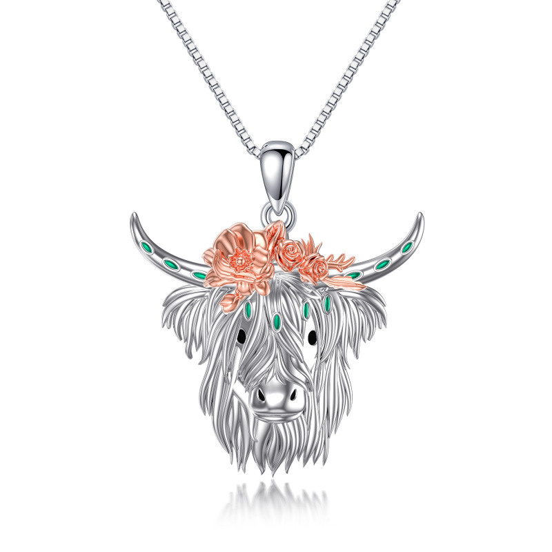 Zweifarbige Sterling Silber Highland Kuh & Rose Anhänger Halskette-14