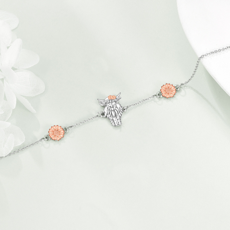 Sterling Silber zweifarbig Highland Cow & Sunflower Anhänger Armband-3