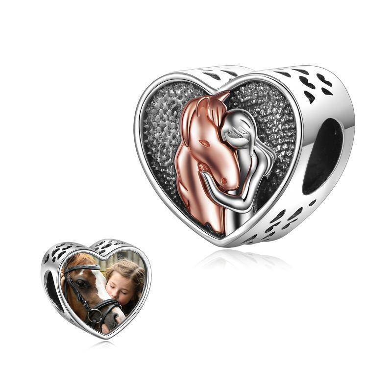 Breloque en argent sterling bicolore coeur de cheval perle photo personnalisée-10