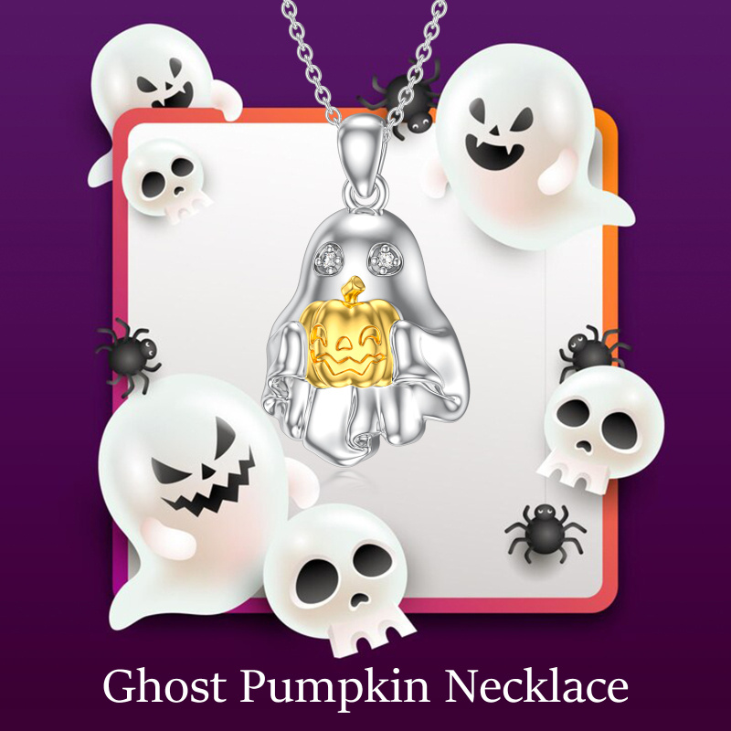 Collar Delicado de Joyería con Calabaza y Fantasma en Plata Esterlina Bicolor y Diamantes de Laboratorio, Ideal como Regalo de Halloween-5