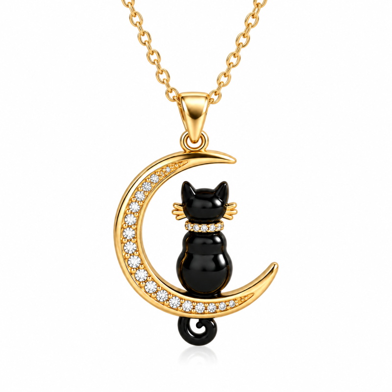 Collar con colgante de gato negro y luna en moissanita bicolor de 14 quilates-2