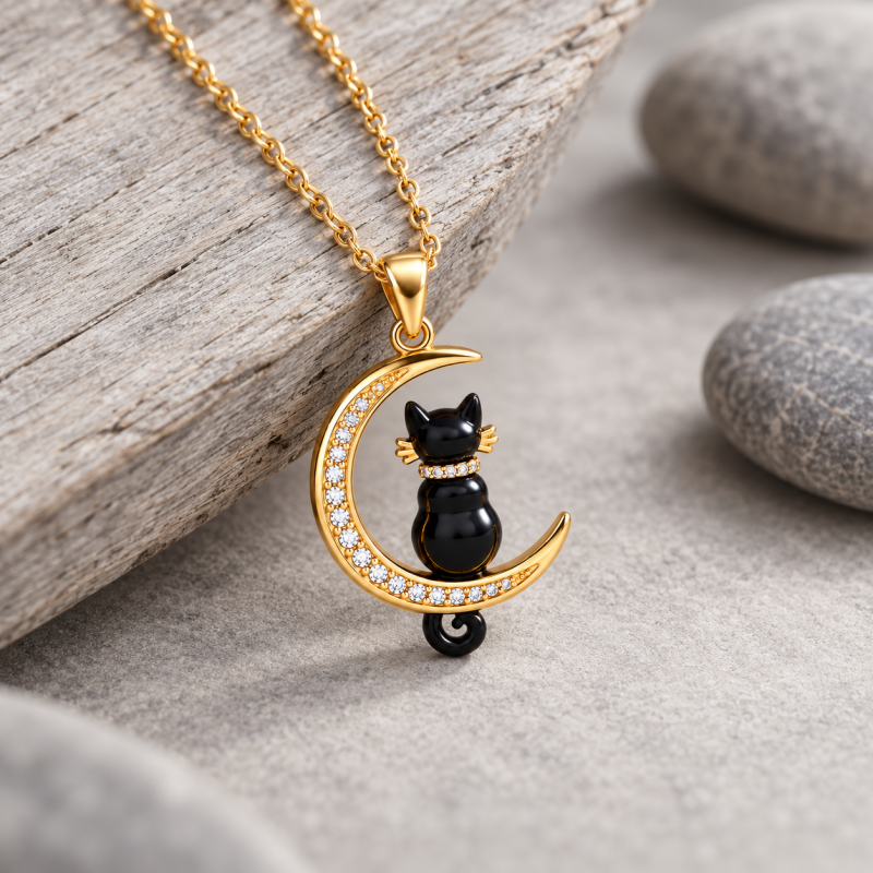 Collar con colgante de gato negro y luna en moissanita bicolor de 14 quilates-5