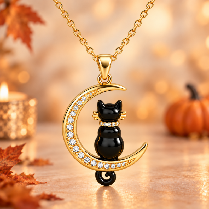 Collar con colgante de gato negro y luna en moissanita bicolor de 14 quilates-1
