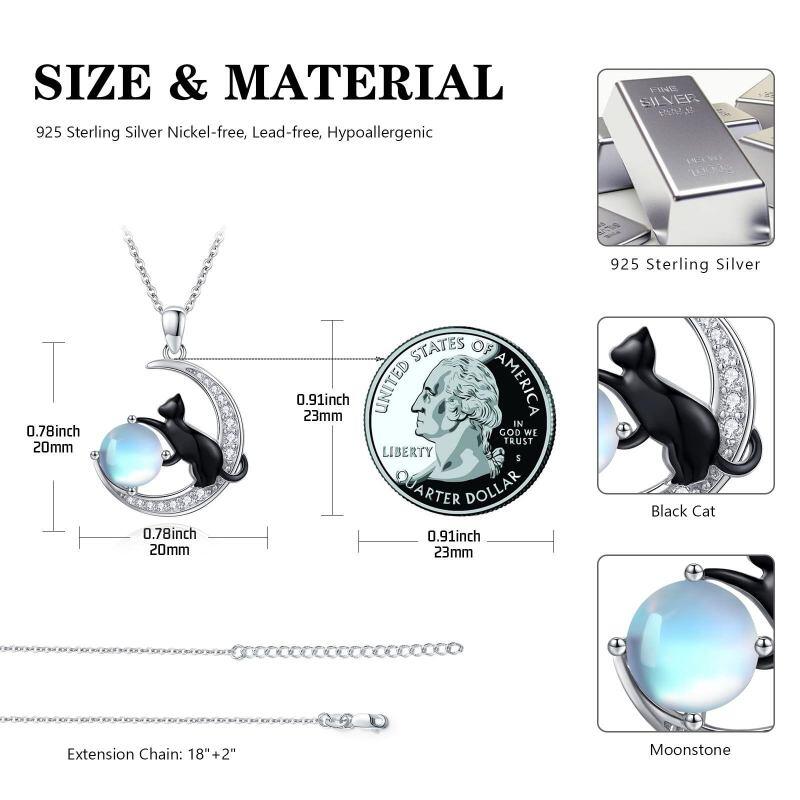 Collier pendentif chat noir et lune en argent sterling bicolore avec pierre de lune-5