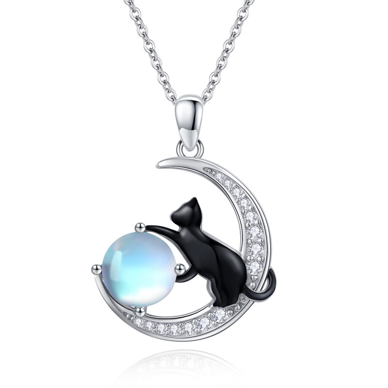 Collier pendentif chat noir et lune en argent sterling bicolore avec pierre de lune-1