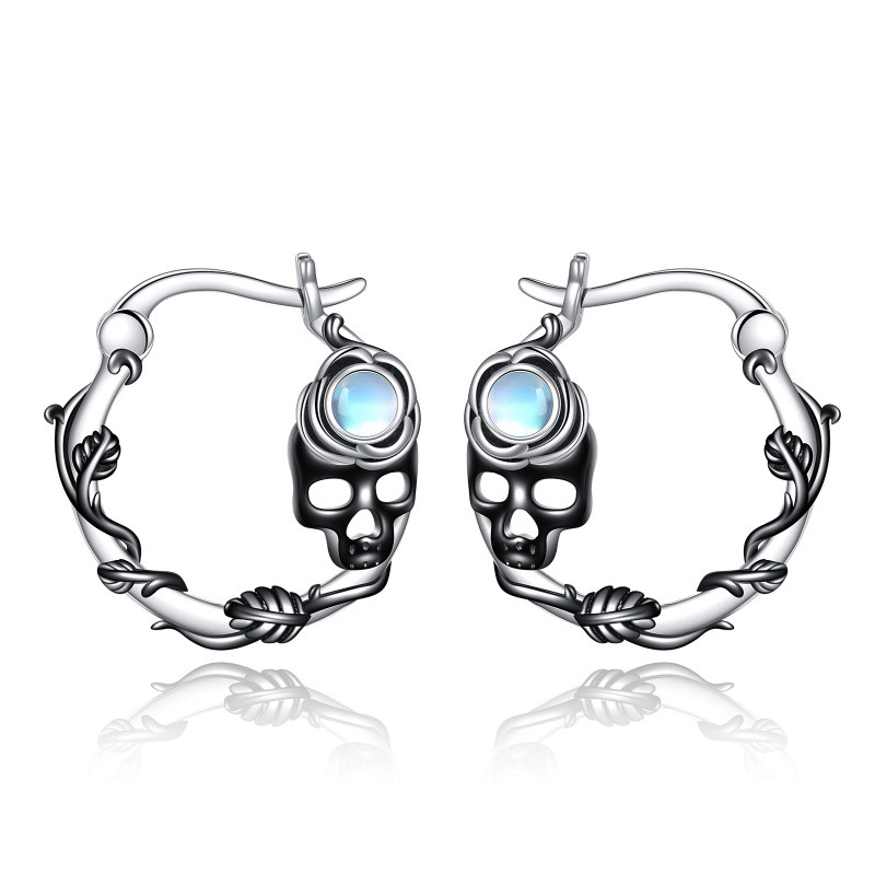 Sterling Silver Two-tone Moonstone Skull Hoop Earrings-12