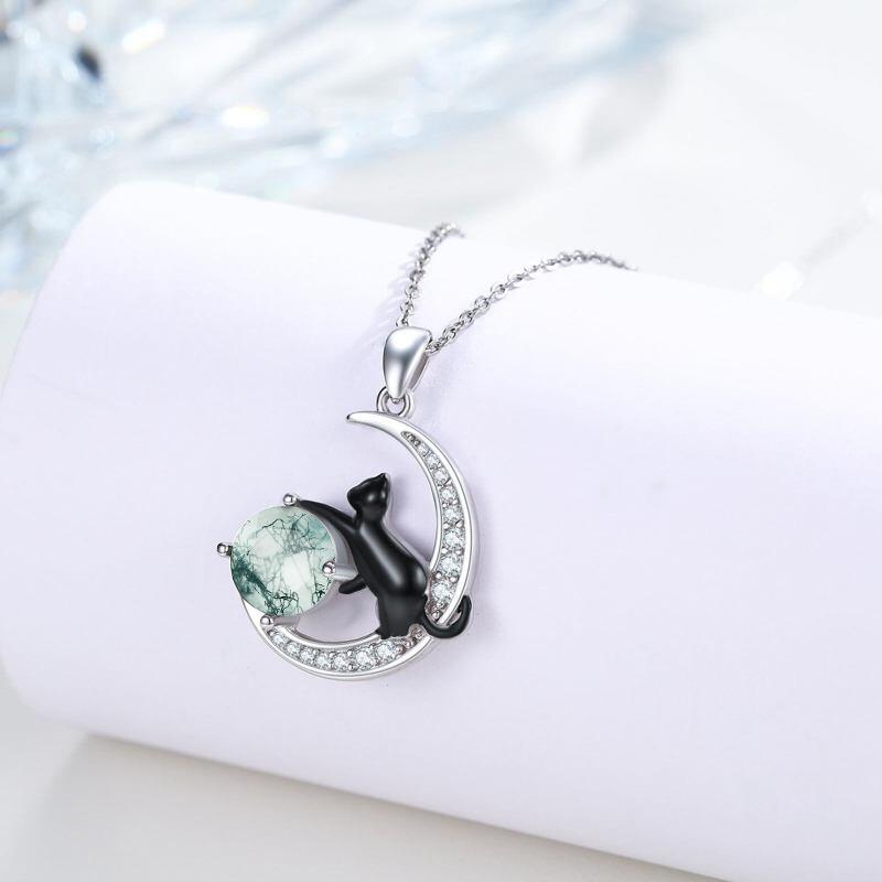 Collier pendentif chat noir et lune en argent sterling bicolore et agate mousse-4