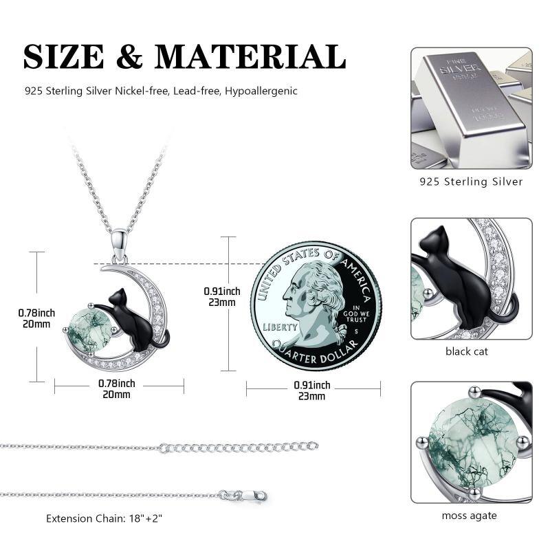 Collier pendentif chat noir et lune en argent sterling bicolore et agate mousse-5