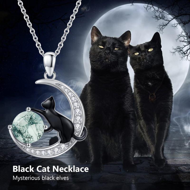 Collier pendentif chat noir et lune en argent sterling bicolore et agate mousse-6