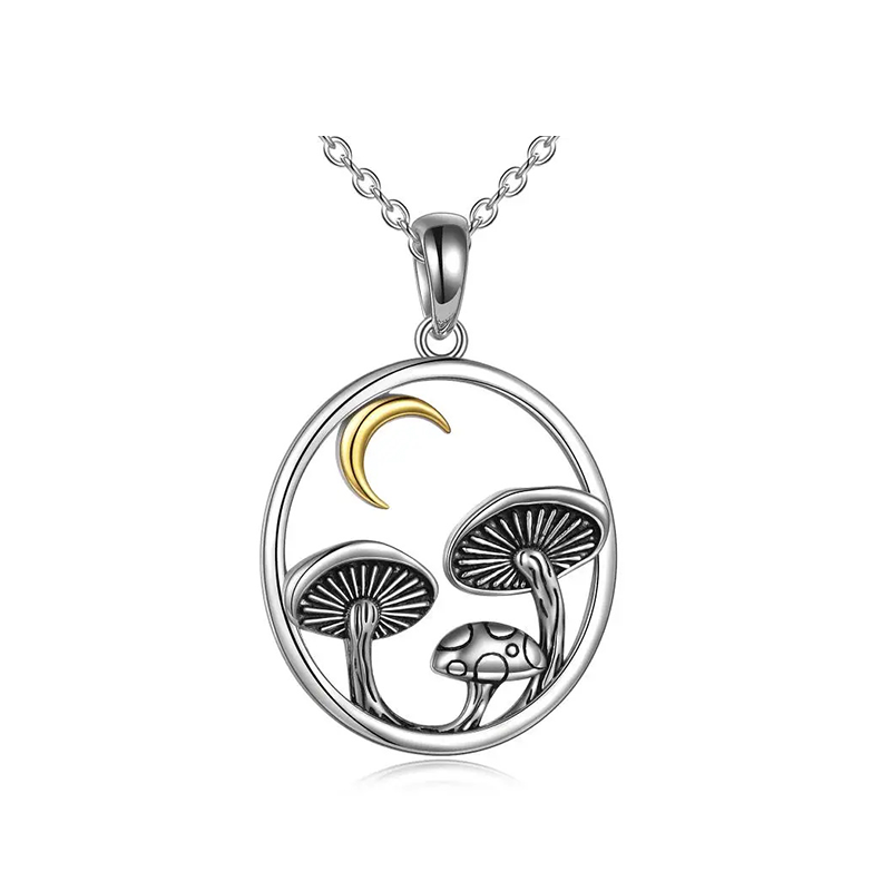 Collar con colgante de luna en forma de hongo de dos tonos de plata de ley-16
