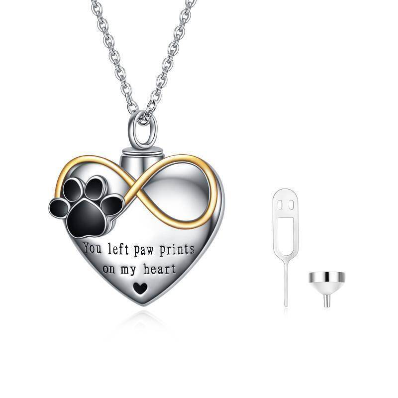 Collar de urna de corazón con símbolo de infinito y pata de dos tonos de plata de ley para cenizas con palabra grabada para mujer-13