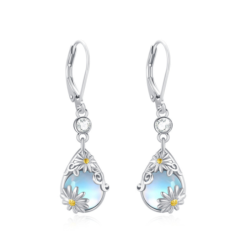 Pendientes de plata de ley bicolor con forma de pera y margarita de piedra de luna-15