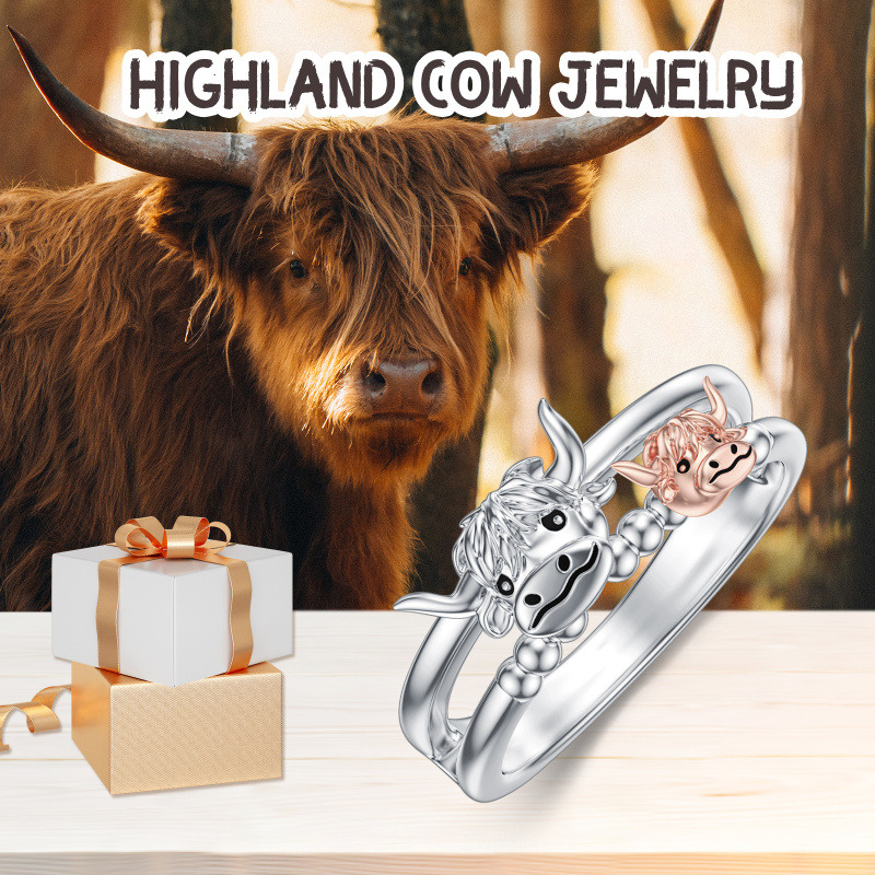 Srebrny pierścień z dwukolorowym grawerunkiem Highland Cow z personalizowanym wzorem-6