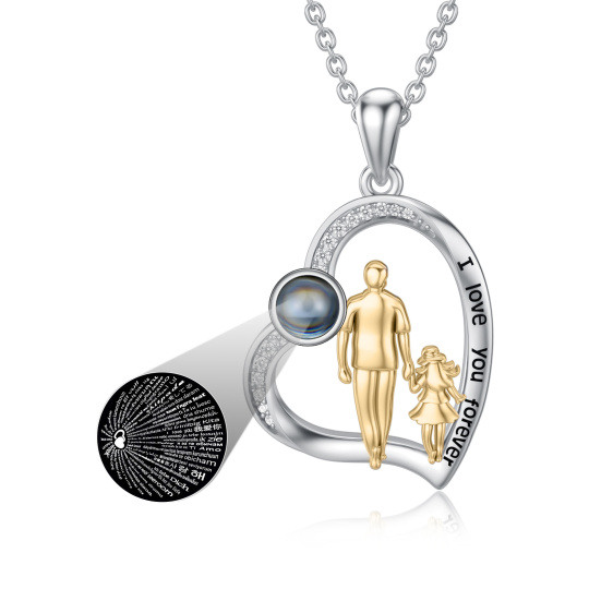 Collar con colgante de corazón de padre e hija con piedra de proyección de dos tonos de plata de ley con palabra grabada para mujer
