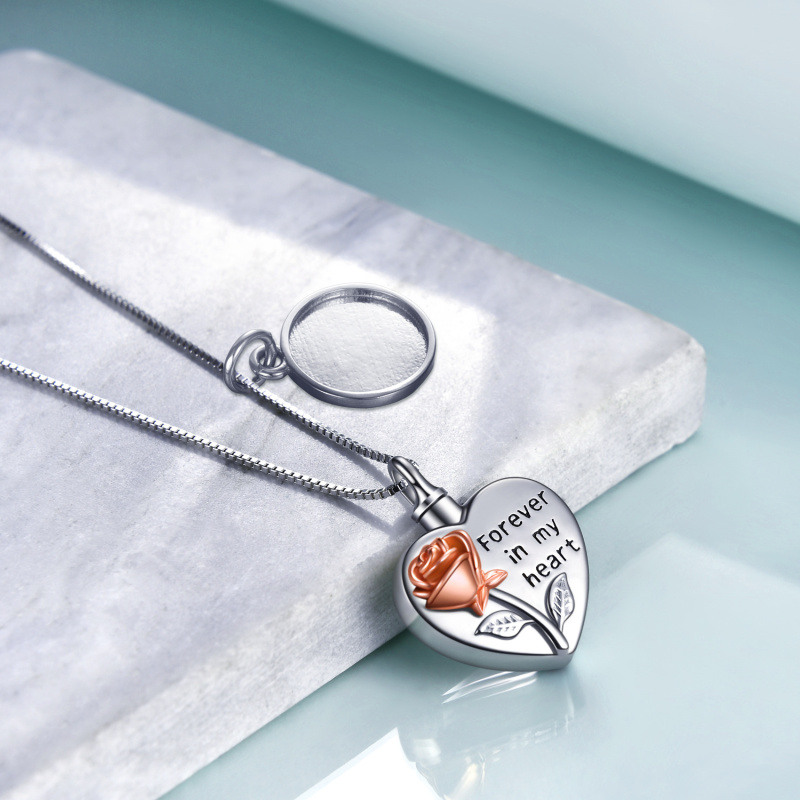 Collar de urna para cenizas de mujer en plata de ley con foto personalizada de rosa bicolor y corazón.-3