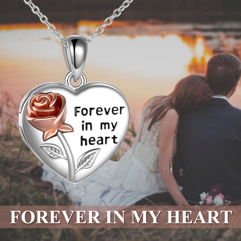 Collar de urna para cenizas de mujer en plata de ley con foto personalizada de rosa bicolor y corazón.-6
