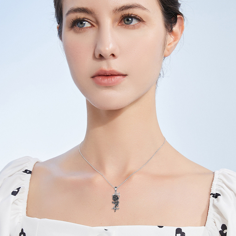 Collier en argent sterling pour cendres avec rose et faucille bicolores-2