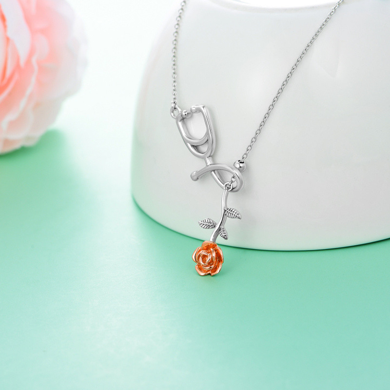 Collar en Y de plata de ley bicolor con rosa y estetoscopio no ajustable-4