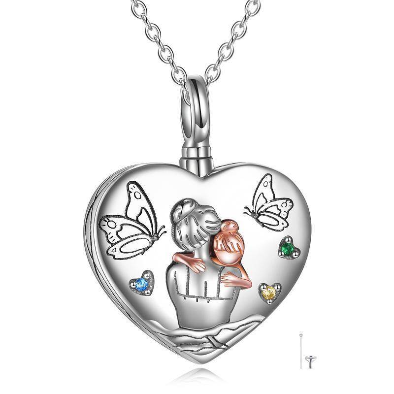 Sterling Silver Two-Tone Round Cubic Zirconia Butterfly & Parents Heart Engraved Word Urn Necklace For Ashes For Women Best Friends-9