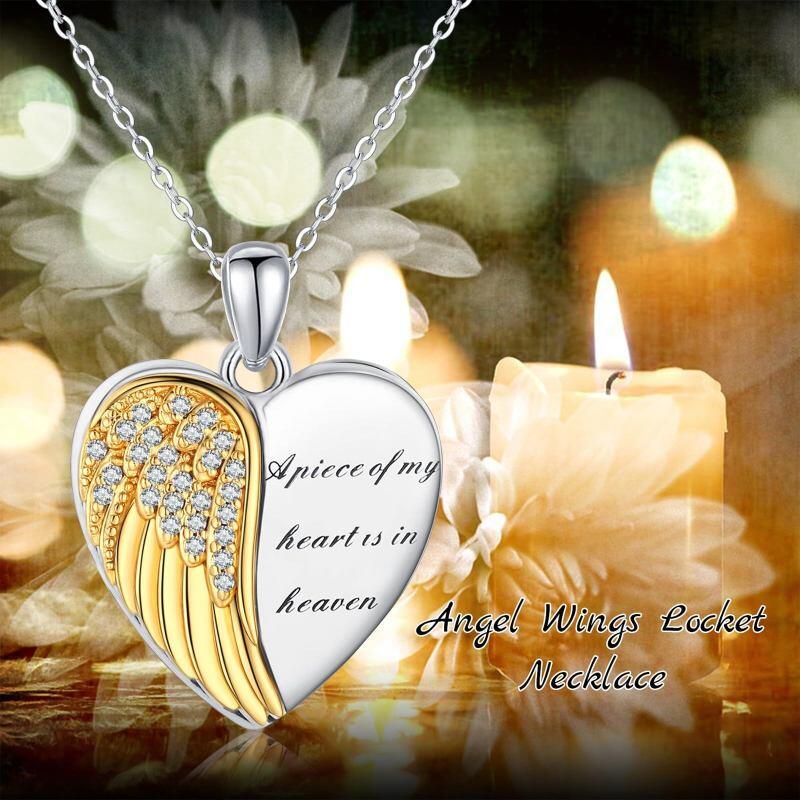 Collar con colgante personalizado de pluma y corazón de circonita cúbica redonda bicolor de plata de ley con palabra grabada.-6