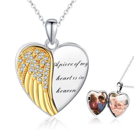 Sterling Silver Two-tone Round Cut Cubic Zirconia Feather & Heart Personalized Photo Locket Necklace with Engraved Word