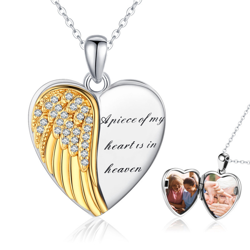Collar con colgante personalizado de pluma y corazón de circonita cúbica redonda bicolor de plata de ley con palabra grabada.-1