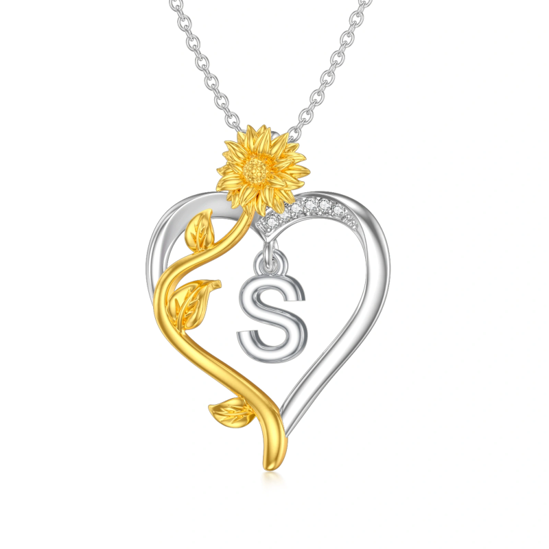 Sterling Silver Two-tone Round Cut Cubic Zirconia Sunflower & Heart Pendant Necklace with Initial Letter S-1