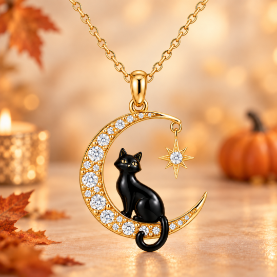 Collar con colgante de plata de ley bicolor con moissanita redonda en forma de gato, luna y estrella.