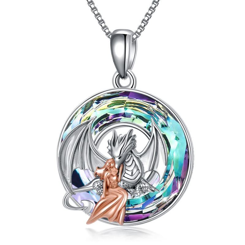 Sterling Silber zweifarbiger runder Drachen-Kristall-Anhänger Halskette-9