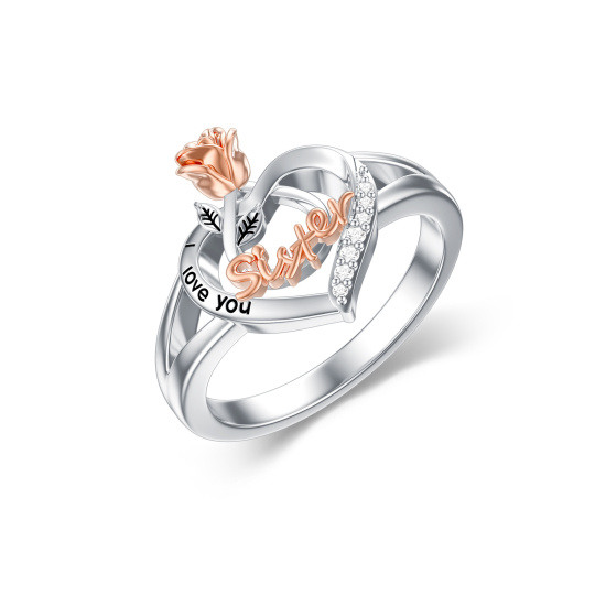 Anillo de plata de ley con circonita cúbica circular de dos tonos y palabra grabada