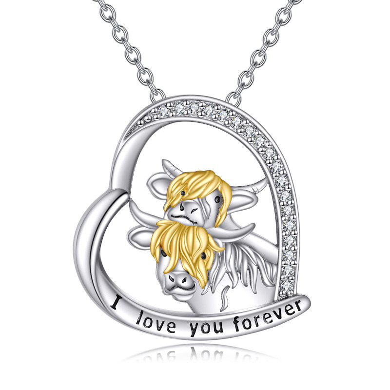 Sterling Silber zweifarbig rund Zirkon Highland Cow & Herz Anhänger Halskette mit eingravi-7