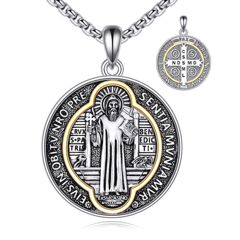 Sterling Silver Two-tone Saint Benedict Pendant Necklace for Men-2