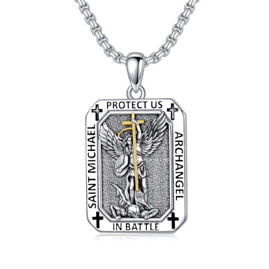 Sterling zilveren tweekleurige Sint Michaël hanger ketting met gegraveerd woord voor manne