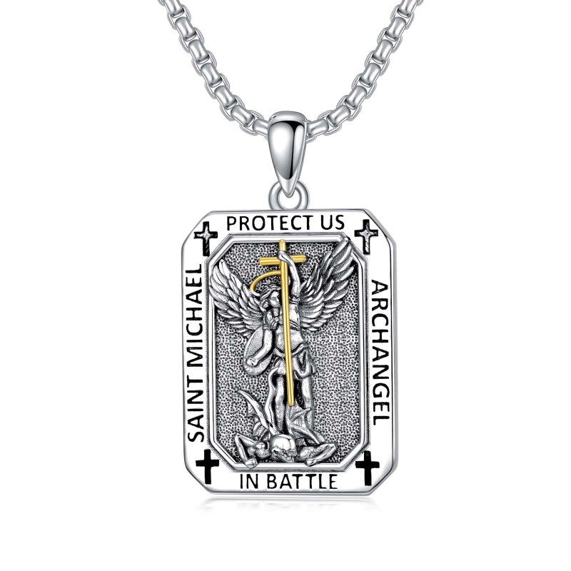 Sterling Silber zweifarbig Saint Michael Anhänger Halskette mit eingraviertem Wort für Män-4