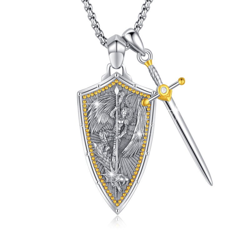 Collier avec pendentif Saint Michael et épée bicolore en argent sterling pour homme-14