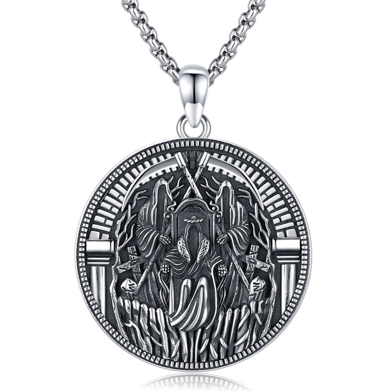 Sterling Silver Two-tone Santa Muerte Perdoname & Skull Pendant Necklace for Men-19