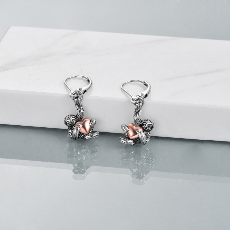 Sterling Silver Two-tone Sloth & Heart Lever-back Earrings-3