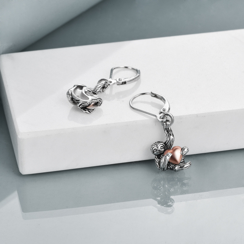 Sterling Silver Two-tone Sloth & Heart Lever-back Earrings-4