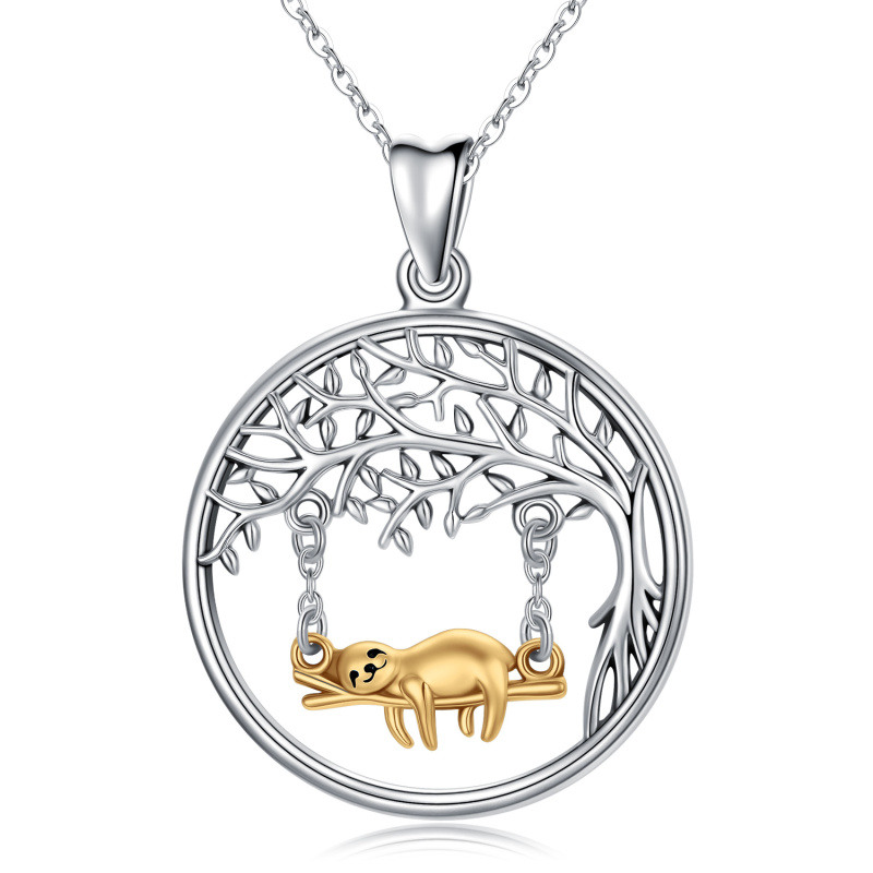 Collier pendentif rond arbre de vie paresseux bicolore en argent sterling-9