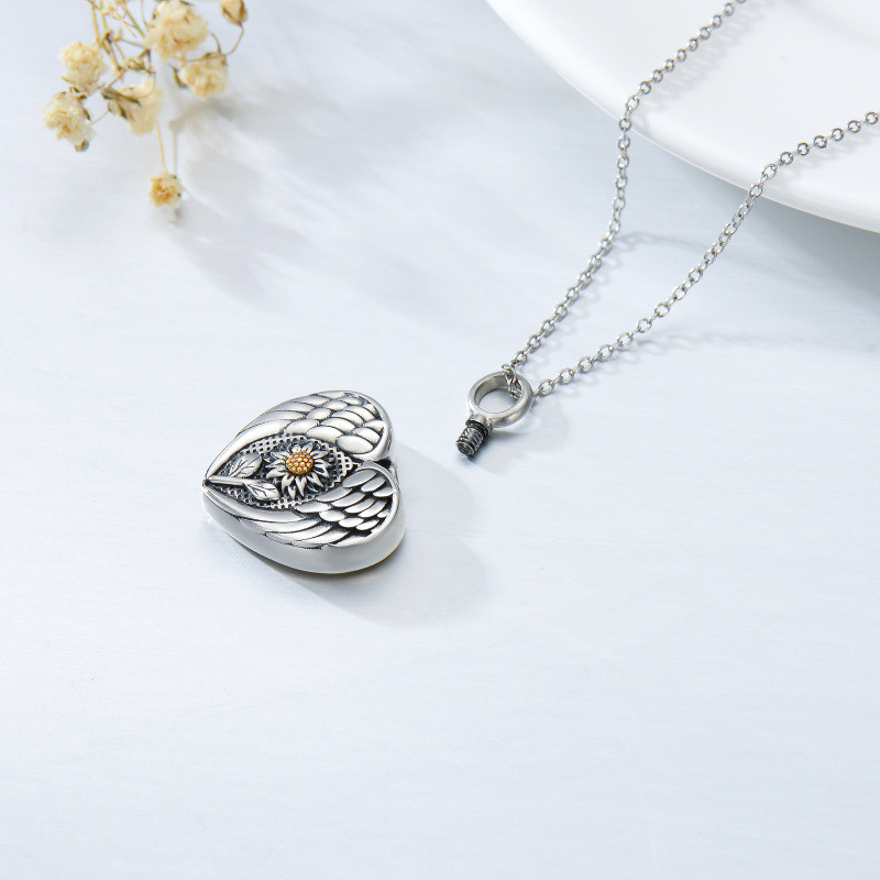 Collar de urna con alas de ángel de girasol de dos tonos de plata de ley para cenizas-4