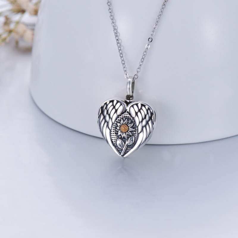 Collar de urna con alas de ángel de girasol de dos tonos de plata de ley para cenizas-5
