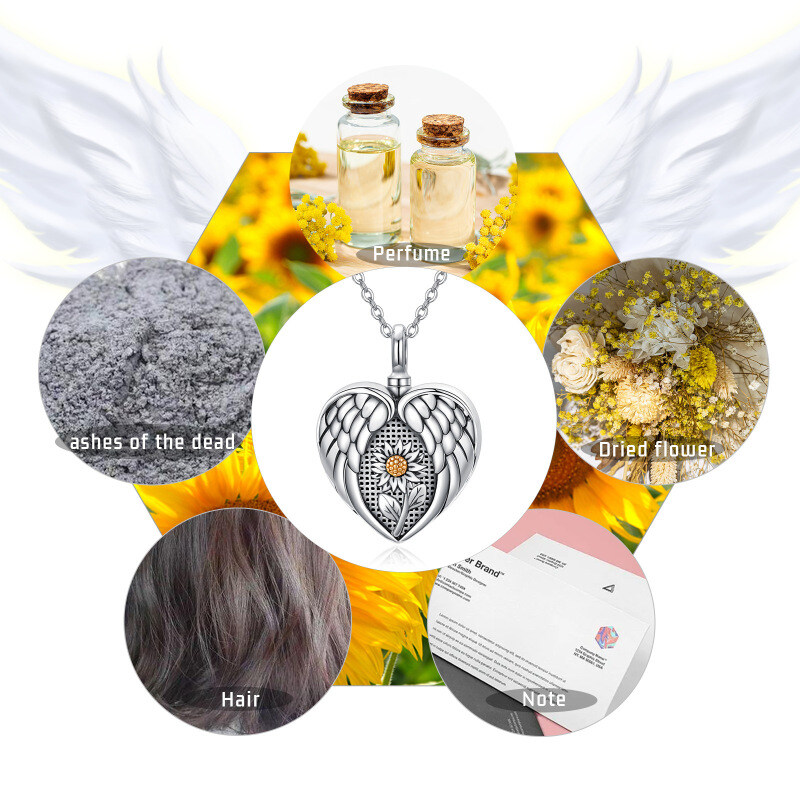 Collar de urna con alas de ángel de girasol de dos tonos de plata de ley para cenizas-6
