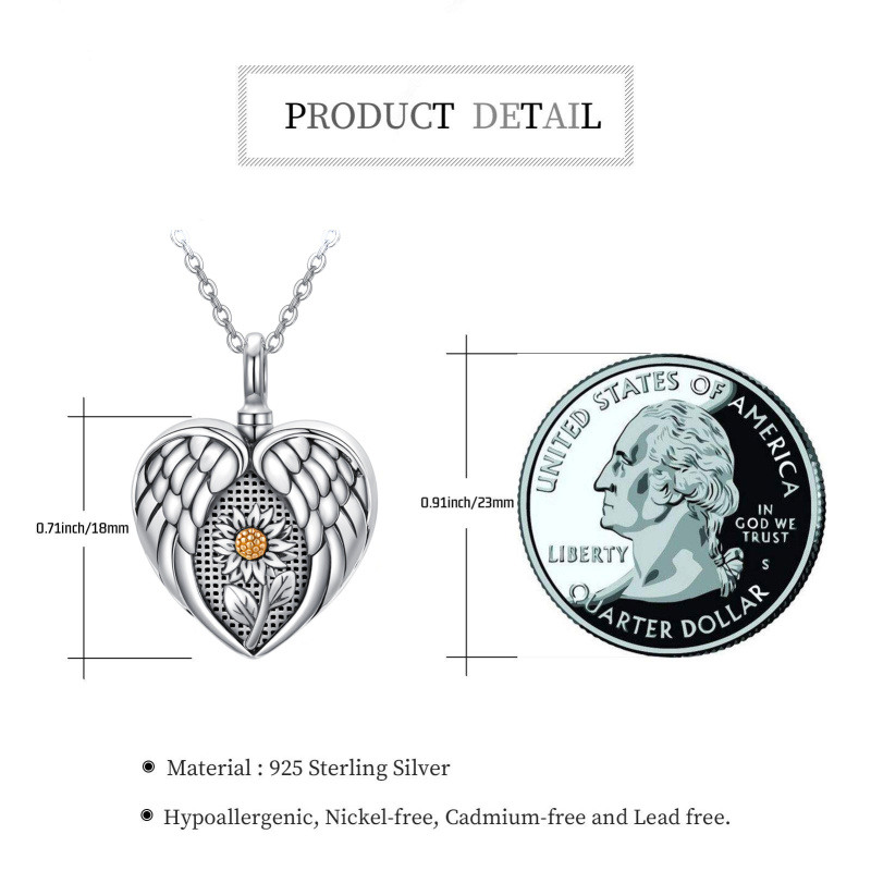 Collar de urna con alas de ángel de girasol de dos tonos de plata de ley para cenizas-7