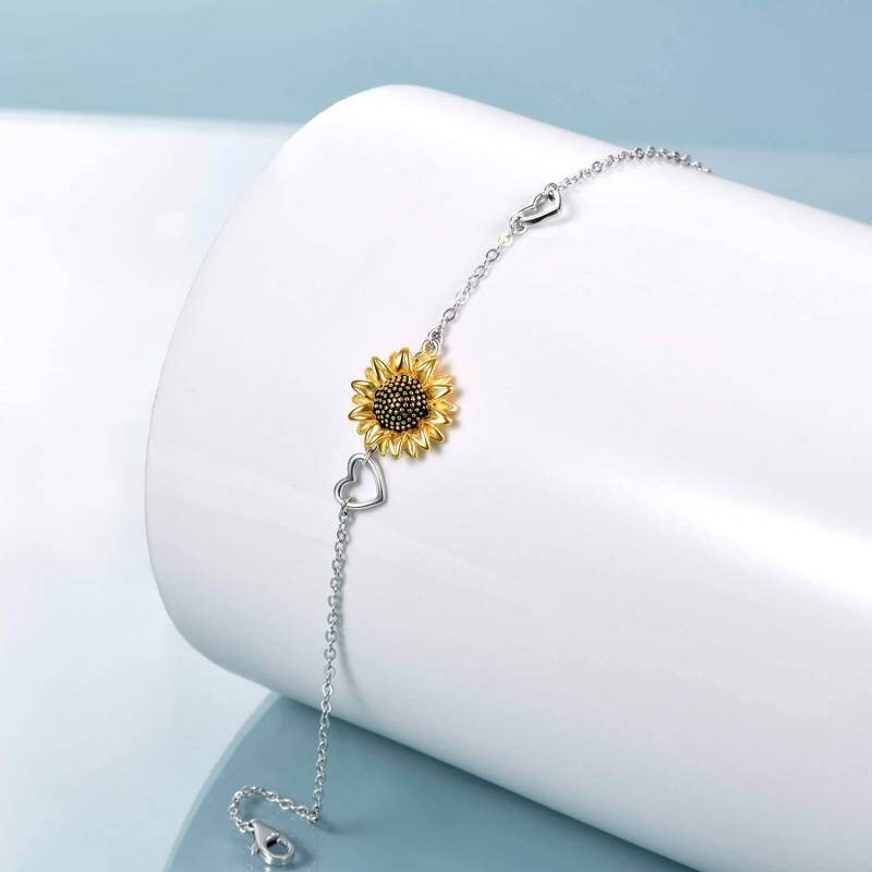 Sterling Silber zweifarbig Sonnenblume & Herz Anhänger Armband-2