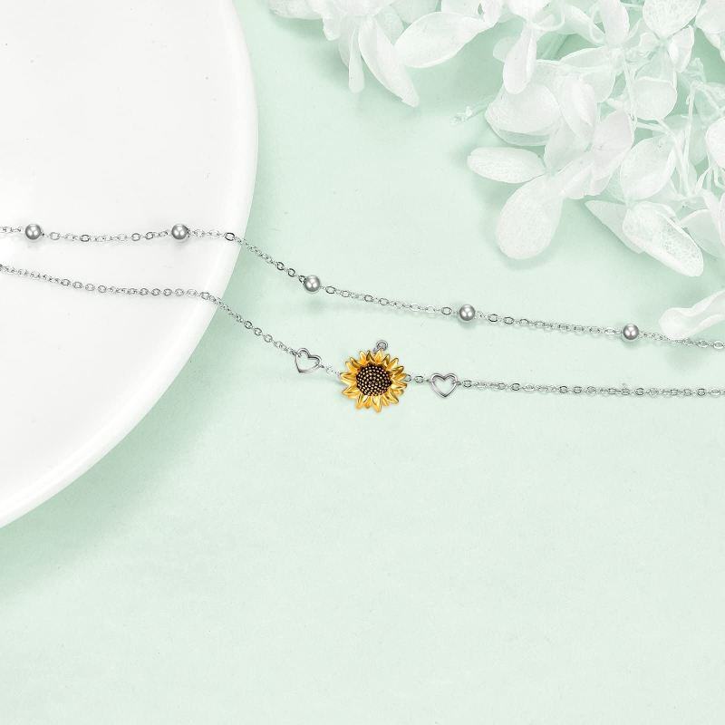 Sterling Silber zweifarbig Sonnenblume & Herz Layerered Armband-3